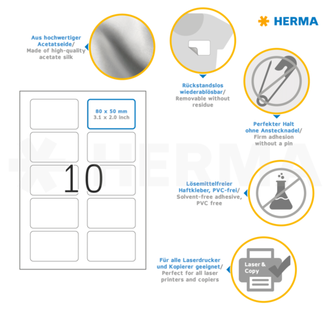 Etiketten mit den Maßen 80 x 50 mm, wiederablösbar, lösungsmittelfrei, geeignet für Laser- und Kopierdrucker.