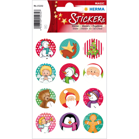 Bunte Weihnachtsaufkleber mit verschiedenen Motiven wie einem Weihnachtsbaum, einem Schneemann, einem Engel und einem Pinguin in runden Formen.