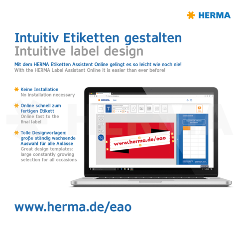 Intuitive Gestaltung von Etiketten mit dem HERMA Etiketten Assistent Online. Keine Installation erforderlich, schnelle Online-Auswahl und große Vorlagenauswahl.