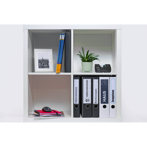 Ein Regal mit Ordnern, einem kleinen Pflanzengefäß, Bleistiften, einem Bilderrahmen und einer Maus auf einem Stapel von Notizen.
