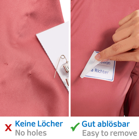 Zwei Etiketten auf einem rosa Stoff. Links steht "Keine Löcher" und rechts "Gut ablösbar" mit einem ablösbaren Namensschild.
