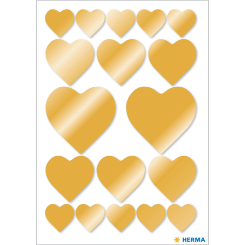 Goldene Herzaufkleber in verschiedenen Größen auf einem weißen Hintergrund angeordnet.