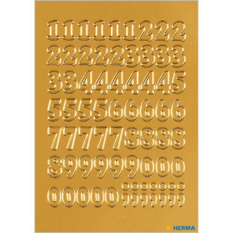 Goldene Aufkleber mit verschiedenen Zahlen von 0 bis 9 in mehreren Reihen angeordnet, einschließlich Satzzeichen am unteren Rand.