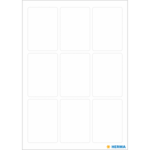 Leere Etikettenblätter mit neun rechteckigen Feldern, geeignet für Beschriftungen oder Druck. Markenlogo in der unteren Ecke.