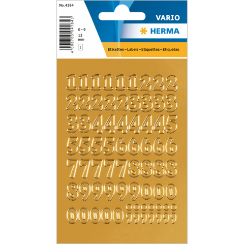 Goldene Etiketten mit Zahlen von 0 bis 9 in verschiedenen Größen, auf einem Trägerblatt angeordnet.