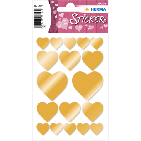 Goldene Herzaufkleber auf einem Bogen, verschiedene Größen und Formen, mit einem dekorativen Schriftzug "Stickers" oben.