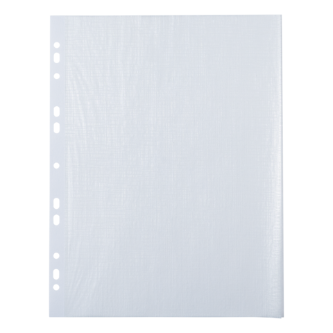 Leeres, weißes Blatt Papier mit gelochten Seiten, geeignet für Ordner oder Hefter.