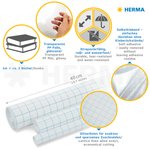 Selbstklebende, transparente PP-Folie mit Gitterlinien für präzises Zuschneiden. Strapazierfähig, reiß- und wasserfest.