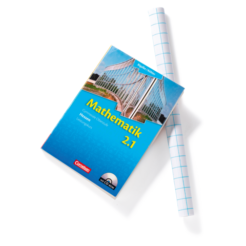 Mathebuch mit dem Titel "Mathematik 2.1" und einem blauen Cover, daneben ein Blatt mit kariertem Muster.