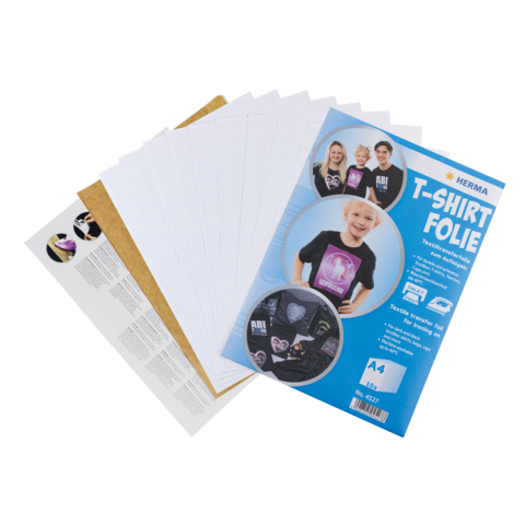 T-Shirt Transferfolie in A4-Größe, verpackt mit Anleitungen und Beispielen für die Verwendung auf Textilien.