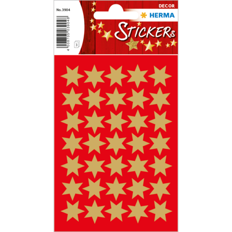 Rote Stickerkarte mit goldenen Sternen in verschiedenen Größen, geeignet für Dekorationszwecke.