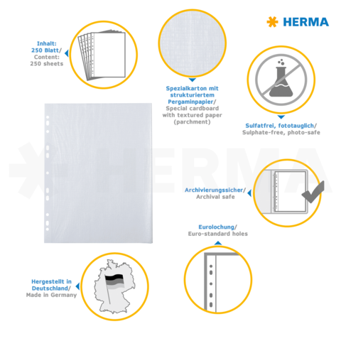 Spezialkarton mit strukturiertem Pergamentpapier, 250 Blätter, archivierungssicher, fototauglich, Eurolochung, hergestellt in Deutschland.