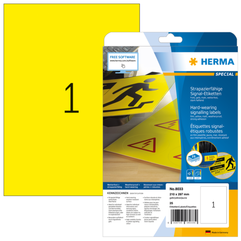 Gelbe Signaletik-Etiketten von HERMA, robust und strapazierfähig, mit einer Packungsgröße von 210 x 297 mm, 25 Stück.