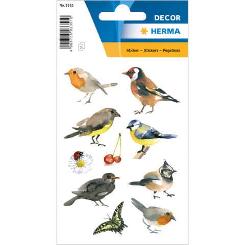 Bunte Aufkleber von verschiedenen Vögeln und Insekten, darunter ein Rotkehlchen, eine Blaumeise und ein Schmetterling.