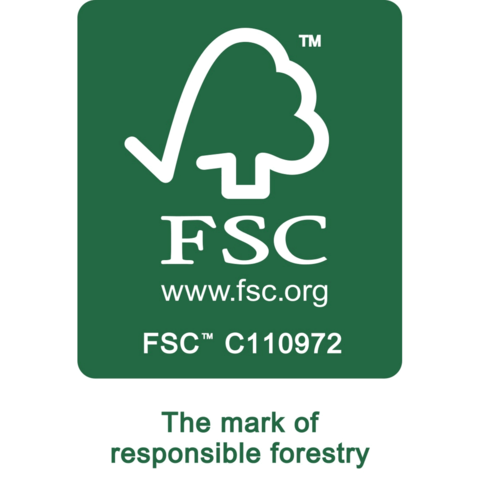 FSC-Logo mit der Aufschrift "Das Zeichen für verantwortungsvolle Forstwirtschaft" und der Website www.fsc.org.