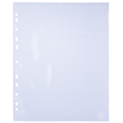 Leere, transparente Kunststoffhülle mit mehreren Fächern, geeignet für die Aufbewahrung von Dokumenten oder Bildern.