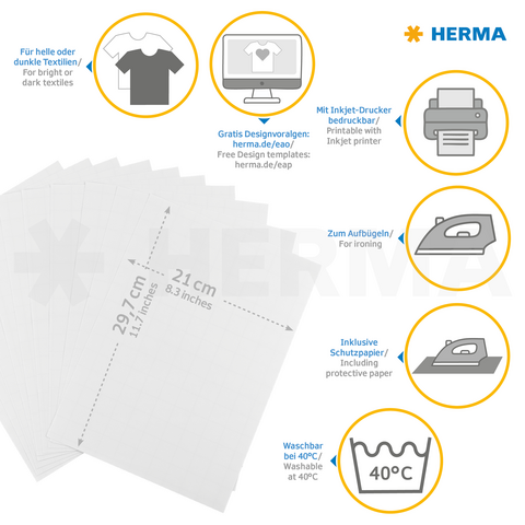 Transferpapier für Textilien, bedruckbar mit Inkjet-Drucker. Enthält Schutzpapier, waschbar bei 40°C, geeignet für helle und dunkle Stoffe.