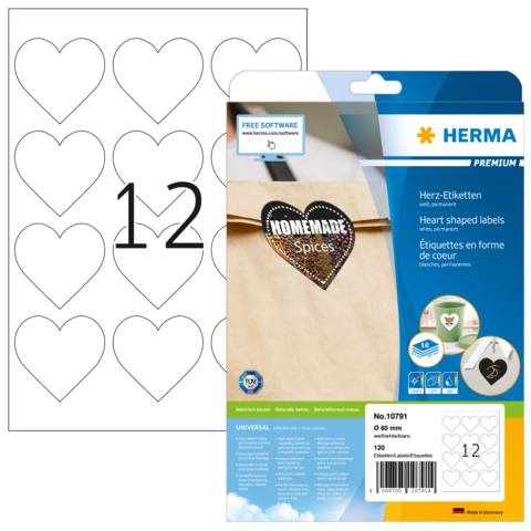 Herzförmige Etiketten auf einem Bogen, mit der Aufschrift "Homemade Spices" und der Nummer "12". Verpackung von Herma.