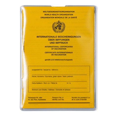 Gelbes Impfheft mit internationalen Bescheinigungen über Impfungen, einschließlich Platz für persönliche Daten und Impfdetails.