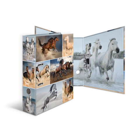 Ein Fotobuch mit verschiedenen Bildern von Pferden, darunter galoppierende und im Wasser spielende Pferde.