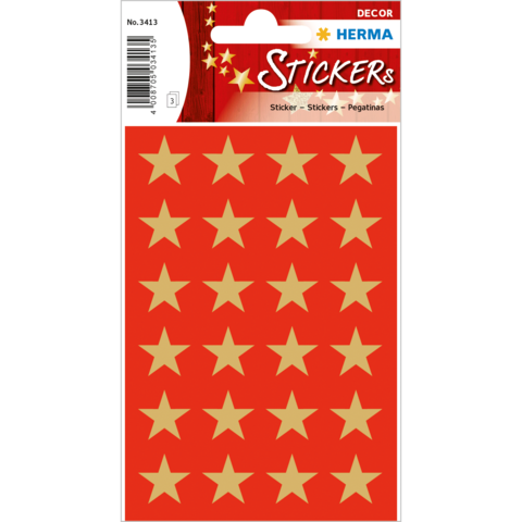 Rote Sticker mit goldenen Sternen in einem 4x5-Raster, verpackt unter der Marke Herma.