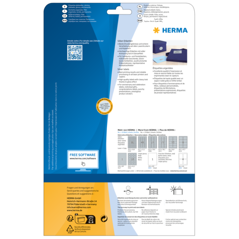 Rückseite einer Verpackung für Etiketten von HERMA, mit Anweisungen, QR-Code und Informationen zur kostenlosen Software.